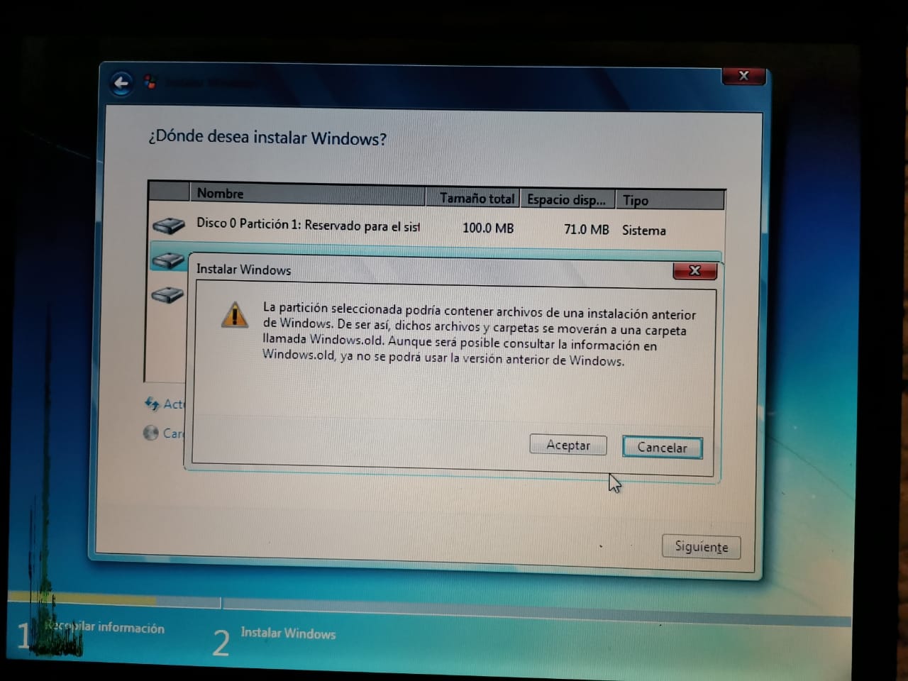 Procedimiento de instalación de Windows.