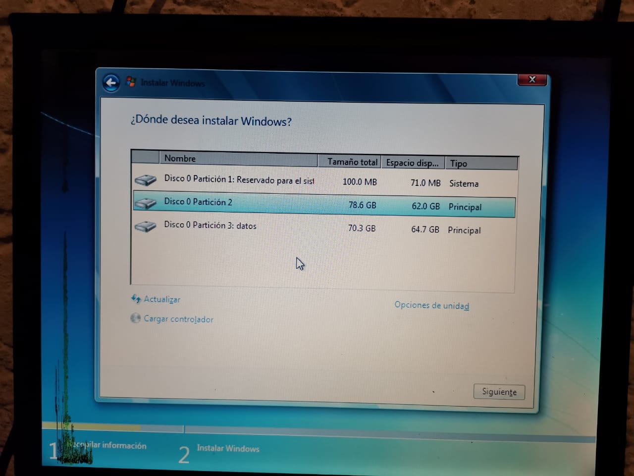 Procedimiento de instalación de Windows.